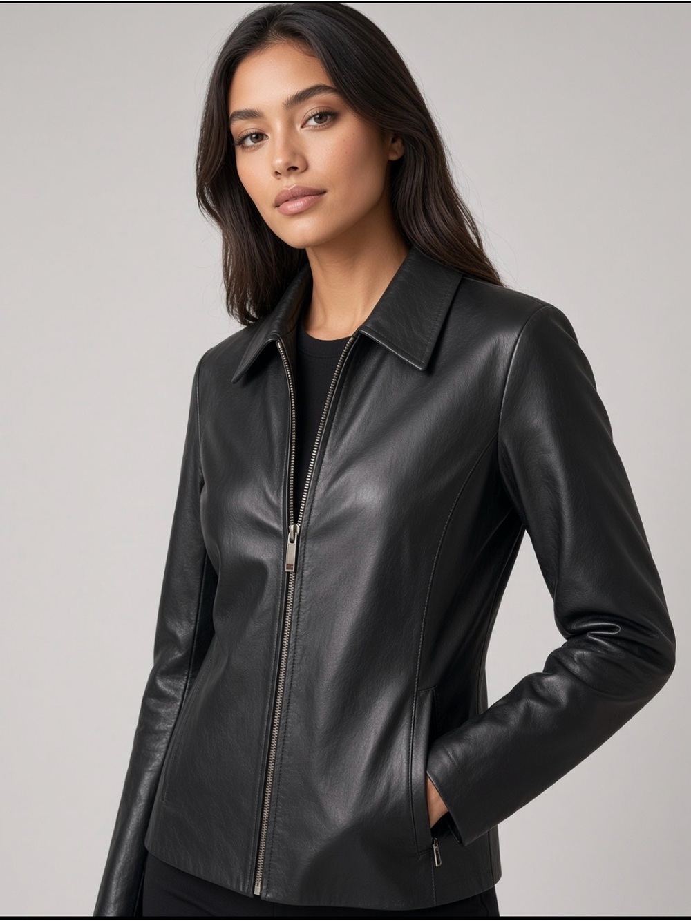 Classic Black Leather Zip Jacket for Women